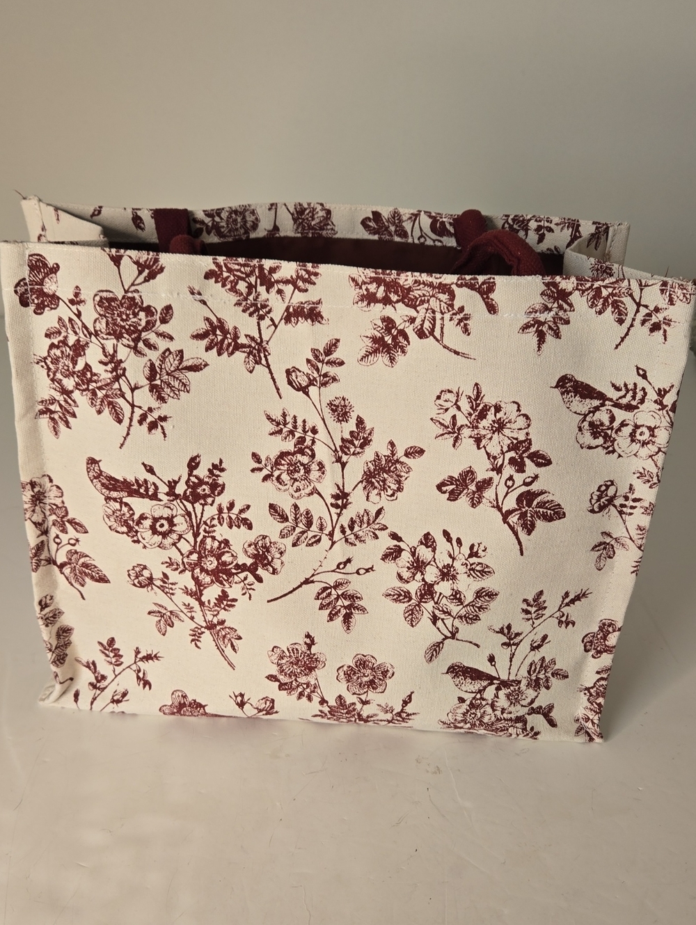 Toile Pattern Cotton Canvas Tote Bag with Burgundy Floral Print